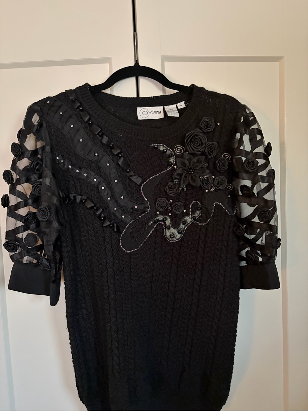 CEDARS Black Floral Appliqué with Iridescent Rhinestones IRRESISTIBLE Medium